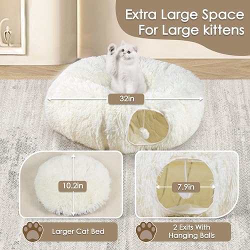 Peekaboo Cat Cave with Washable Mat, Collapsible Cat Play Tunnel for Kittens & Small Pets, Plush Cat Donut Bed Tunnel, Beige - Image 3