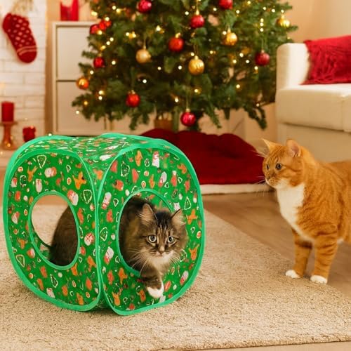 Christmas Cat Tunnel Cube Playhouse – Foldable Holiday Cat Cube with Peek Hole and Tunnel Fun for Indoor Cats - Image 3