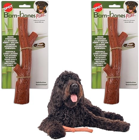 SPOT Bam-Bones Plus Branch -Bamboo Fiber & Nylon, Durable Long Lasting Dog Chew for Aggressive Chewers – Great Toy for Adult Dogs & Teething Puppies Under 90lbs, Non-Splintering, 9.5in, Beef Flavor by SPOT