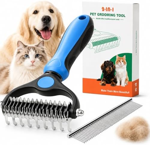 2-in-1 Pet Grooming Tool for Dogs & Cats, Double Sided Dematting Brush Set, Dual Teeth Pet Deshedding Comb for Shedding Fur Removal, Professional Grooming Rake for Long & Short Hair by Unknown