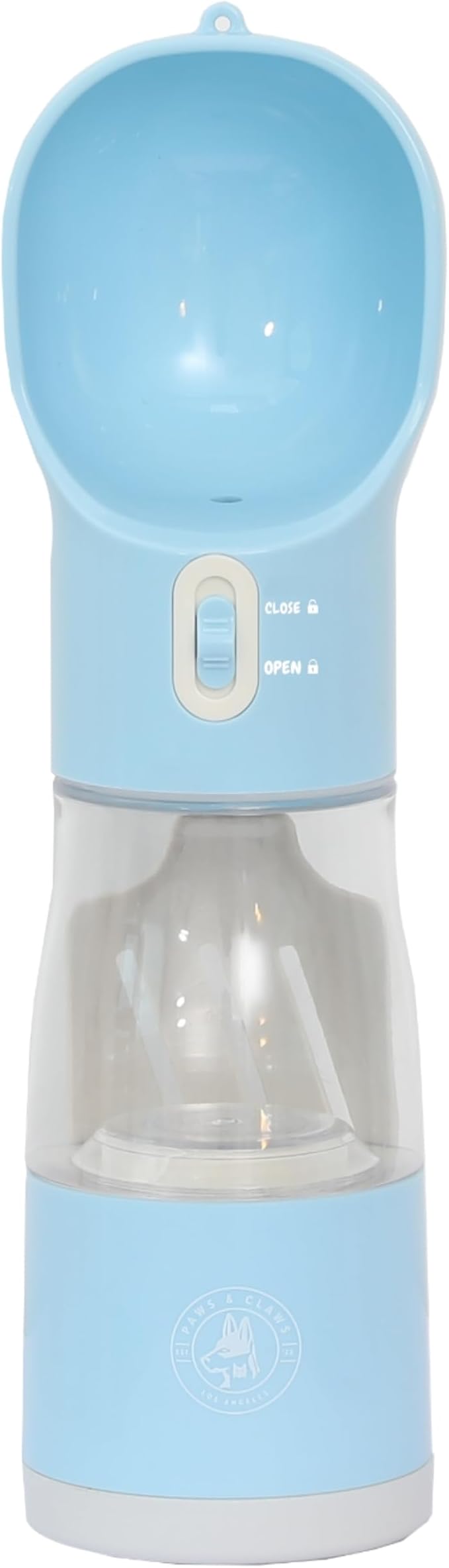All-in-One Portable Dog Water Bottle, Food Dispenser, Poop Bag Dispenser, Dry/Wet Food Container 7 oz., Travel Water Bottle 9oz., 2 Poop Bags Included, Food Grade Plastic, Leak Proof-Blue Color