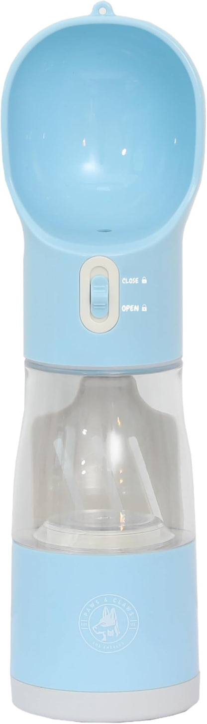 All-in-One Portable Dog Water Bottle, Food Dispenser, Poop Bag Dispenser, Dry/Wet Food Container 7 oz., Travel Water Bottle 9oz., 2 Poop Bags Included, Food Grade Plastic, Leak Proof-Blue Color