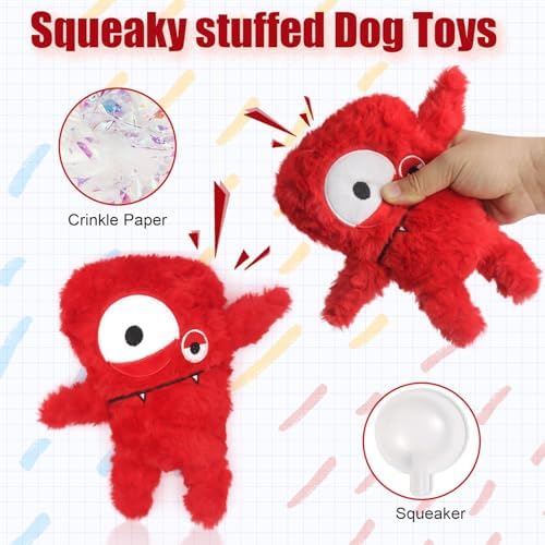 Monster Stuffed Squeaky Dog Toy, Crinkle Dog Plush Toy, Red - Image 2