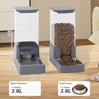 Stainless Steel Cat Feeder and Water Dispenser,Gravity Waterer & Food Feeder Set with Stainless Steel,Large Capacity Pet Food Bowl for Small Medium Dog Pets Puppy Kitten(Grey,1 Gallon) - Image 2