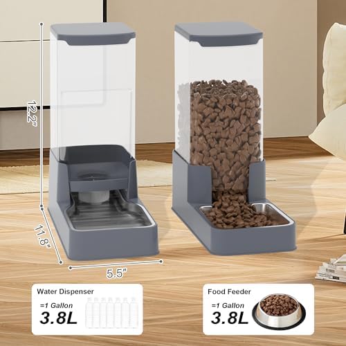 Stainless Steel Cat Feeder and Water Dispenser,Gravity Waterer & Food Feeder Set with Stainless Steel,Large Capacity Pet Food Bowl for Small Medium Dog Pets Puppy Kitten(Grey,1 Gallon) - Image 2