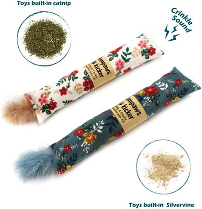 Jumpaws 2 Pack Natural Interactive Catnip & Silvervine Cat Kicker with Feathers, Bite Resistant Chew Toy, Crinkle Kicker, Accessories for Indoor Cat, Premium Corduroy Floral - Image 4