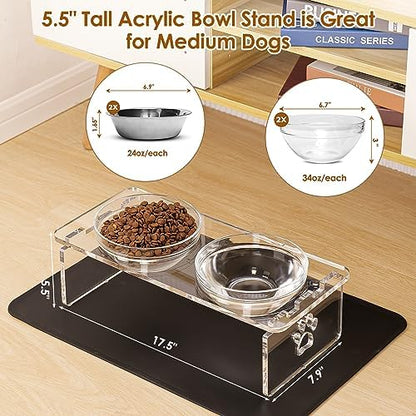 Elevated Dog Bowls for Medium Dogs – 5.5” Acrylic Raised Pet Feeder Stand with 2 Stainless Steel & 2 Glass Removable Bowls – Food & Water Dish Set - Image 4