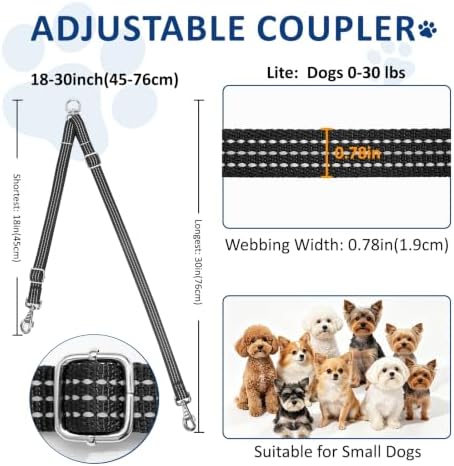 Double Dog Leash Coupler,No Tangle Dog Leashes Connector,Two Dogs Lead Splitter,Reflective Dual Lead Adjustable Length to Fit All Sized Breeds,Walking Training for 2 Dogs (Blue, Lite：Dogs 0-30 lbs) - Image 3