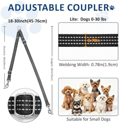 Double Dog Leash Coupler,No Tangle Dog Leashes Connector,Two Dogs Lead Splitter,Reflective Dual Lead Adjustable Length to Fit All Sized Breeds,Walking Training for 2 Dogs (Blue, Lite：Dogs 0-30 lbs) - Image 3