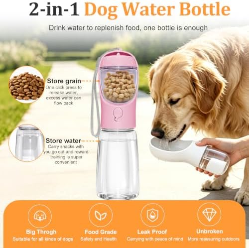 Portable Dog Water Bottle with Food Container, Pink, 19oz - Image 2