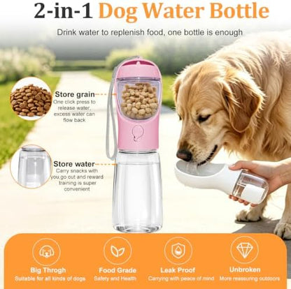 Portable Dog Water Bottle with Food Container, Pink, 19oz - Image 2