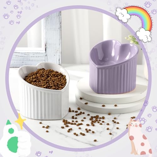 Mumufy 2 Pcs Ceramic Elevated Cat Bowls Tilted Elevated Raised Pet Bowls Anti Vomit Cat Dish for Indoor Stress Free Water Dish Feeder for Puppies, Heart Shaped(White, Purple) - Image 4