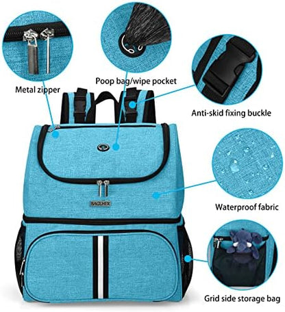 BAGLHER Pet Travel Bag, Double-Layer Pet Supplies Backpack (for All Pet Travel Supplies), Pet Travel Backpack with 2 Silicone Collapsible Bowls and 2 Food Baskets Sky Blue - Image 4