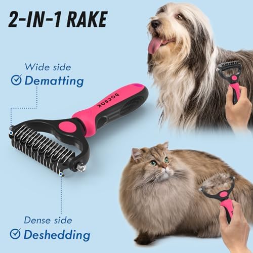 Docrok Pet Grooming Brush and Metal Comb Combo for Dogs & Cats, Pink - Image 2