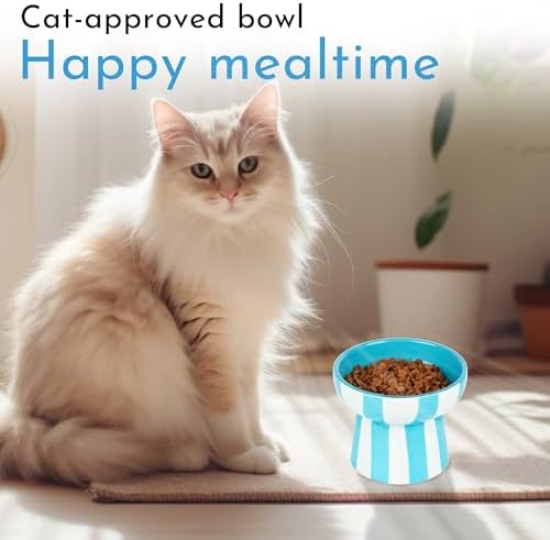 Raised Cat Bowl - Blue Striped Elevated Ceramic Food and Water Dish, Wide Shallow Design for Whisker Fatigue Relief, Dishwasher Safe - Image 4