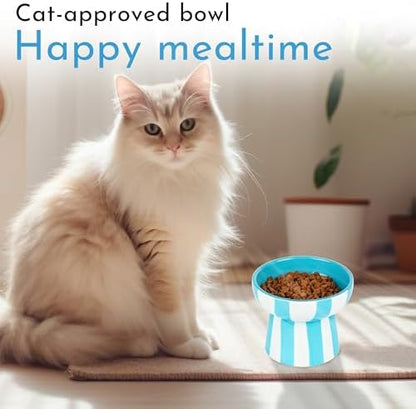 Raised Cat Bowl - Blue Striped Elevated Ceramic Food and Water Dish, Wide Shallow Design for Whisker Fatigue Relief, Dishwasher Safe - Image 4