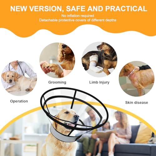 Sponge Core Dog Cat Cone Collar for After Surgery Recovery, Inflatable Dog Cone Alternative, Lainergie Dogs Donut Collar Adjustable with 2PCS Cover for Large Medium Small Dogs Cats (Grey+Yellow, S) - Image 2