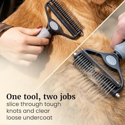 2-in-1 Deshedding Brush and Dematting Rake - Double Coat Undercoat Grooming Tool for Dogs and Cats, Reduces Shedding by Up to 95% (Electric Blue) - Image 3