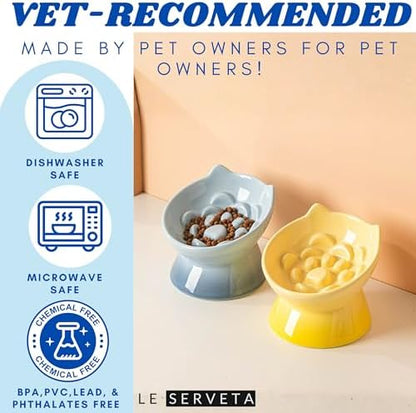 Macarons Series Ceramic Slow Feeder Cat Bowl, Raised Puzzle Feeder, Anti Vomiting Cat Slow Feeding, Elevated Food Bowl, Whisker Friendly Pet Bowl with Cute Ear Design (Gradient Yellow) - Image 5
