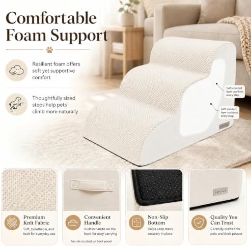 3-Step Foam Dog Stairs for Small Dogs, Couch & Bed, Beige - Image 5