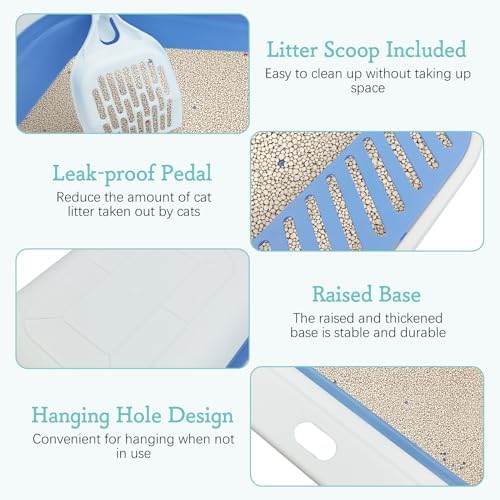 Fhiny Kitten Litter Box Portable Shallow Litter Box 17.7"x13.4"x4.9" Foldable Cat Toilet with Scoop Open Kitty Potty Pan with Litter Drop Pedal Easy to Clean Travel Kitten Toilet(Blue) - Image 3
