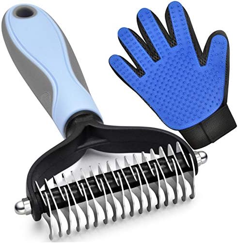 GOESWELL Double-Sided Undercoat Rake for Pet Grooming - Shedding and Dematting Comb with Grooming Glove (Blue 2 Pack) by KAIFONG