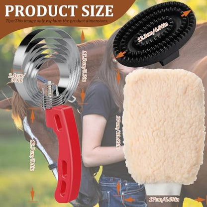 Curry Comb Kit, 6 Ring Curry Comb & Rubber Brush & Horse Grooming Mitts - Image 2