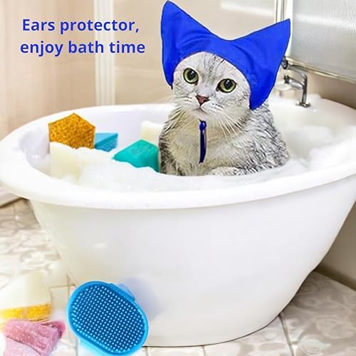 Cat Shower Cap and Bath Brush set, Cat Ear Cover and Grooming Bathing Brush for Cats Puppy Small Dogs, Cat Ear Protection Stuff, Small Dog Cat Bathing Supplies, Pet Accessories (Blue) - Image 4