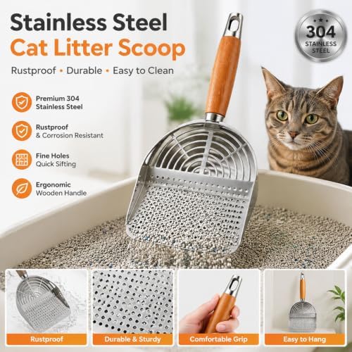 Cat Litter Scoop, Stainless Steel Litter Box Scooper Set, Included 1 Kitty Litter Scooper, 1 Wrenches, 1 Set of Brooms and Dustpans, 15 Kitty Waste Bags - Image 2