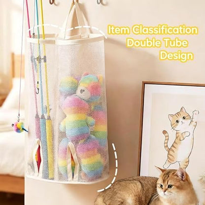 15.16" Cat Wand Toy Holder Organizer Storage Bag - Special Bottom Opening Design, Pet Kitten Stick Doy Toy Mesh Pockets for Cat Feather Teaser Toys Wall Hanging Basket Box Bin (Beige, Double) - Image 5