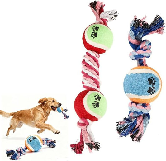 Rope Tennis Ball Toys for Aggressive Chewers, Durable Cotton Rope Tennis Ball Chew Toys for Small, Medium Dogs, Prevent Destructive Chewing, Fetch Toys for Dental Care & Training (2Pcs, Tennis)