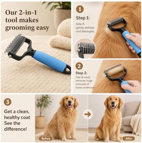 2PCS Pet Grooming Brush,Double Sided Undercoat Rake & Dematting Comb For Dogs And Cats,Deshedding Dog Brush Removes Tangles Knots and Loose Fur For Medium Long Haired Breeds(Large) - Image 7