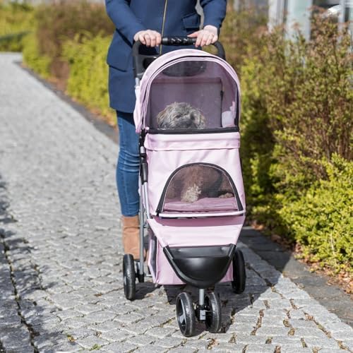 Trixie Foldable Pet Stroller for Cats and Dogs, Pet Carrier Strolling Cart with Weather Cover, Storage Basket, Cup Holder, Pink - Image 4