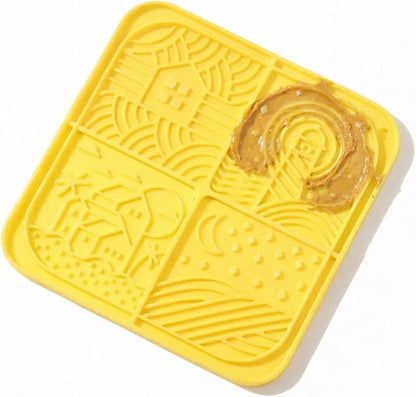 Dog Lick Mat with Suction Cups, 4-Texture Enrichment Slow Feeder for Dogs & Cats, Non-Slip Silicone Licking Pad for Anxiety Relief, Bathing & Training (Yellow)