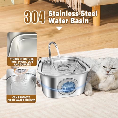 Cat Water Fountain.Stainless Steel Pet Water Dispenser Bowl: 108oz/3.2L.Quiet Pet Water Bowl Dispenser.with Ultra Quiet Pump and Faucet Water Level Window（with 4 Filters and Sponge） - Image 3