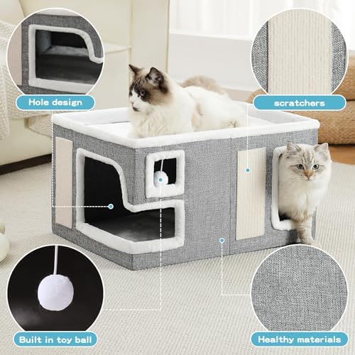 Large Cat Houses for Indoor Cats, Extra Wide Cat Cave Bed with Scratch Pad and Fluffy Ball, Foldable Cat Hideaway Condo for Large Cats, Modern Kitten Bed,23x16x13 inches (Grey, X-Large) - Image 2
