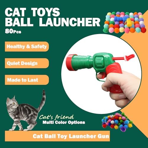82Pcs Cat Toys Gun Launcher,Cat Toy Ball Launcher Gun，Cat Toy Launchers，Low Noise Interactive Cat Ball Launcher Gun，30 Pcs Sparkle Pom Pom Balls for 50Pcs Pom Pom Balls - Image 2