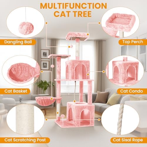 54-Inch Cat Tree Tower with 2 Caves & 2 Pompoms - Multi-Level Tower for Indoor Cats, Soft Plush Condo with Scratching Posts - Sturdy Base for Large Cats(Pink) - Image 6