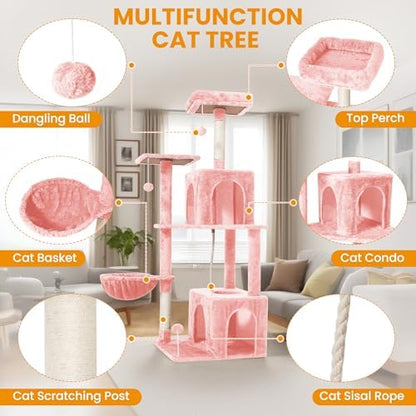 54-Inch Cat Tree Tower with 2 Caves & 2 Pompoms - Multi-Level Tower for Indoor Cats, Soft Plush Condo with Scratching Posts - Sturdy Base for Large Cats(Pink) - Image 6