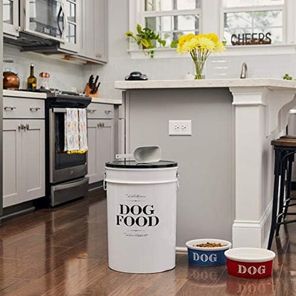 Harry Barker Bon Chien Dog Food Storage Canister – Small 3.5 gallons, Airtight Stainless Steel Pet Food Container, Stylish Kitchen Counter Dog Kibble Storage with Easy-Open Lid - White