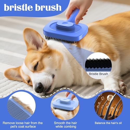 Self Cleaning Dog Brush for Shedding - Bristle Brush and Long/Short Needles Design, Skin Friendly, Slicker Deshedding Dog Brush, Hair Removal for Long & Short Haired Pets (Blue) - Image 3