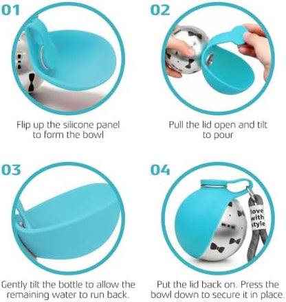 Portable Dog Water Bottle for Walking, 10oz Stainless Steel Pet Water Dispenser with Foldable Silicone Bowl, Leak-Proof Puppy Water Bottle for Small Dogs&Cats,Travel Hiking Outdoor Use(Blue Bow Print) - Image 5