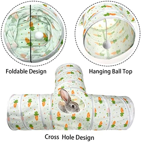Bunny Rabbit Tunnels Rabbit Cat 3 Way Collapsible Tunnel with Cute Carrot Patterns Small Pet Hideout Activity Tunnel Tube Toy for Bunny Kitten Cat Dwarf Guinea Pig T Shape - Image 4