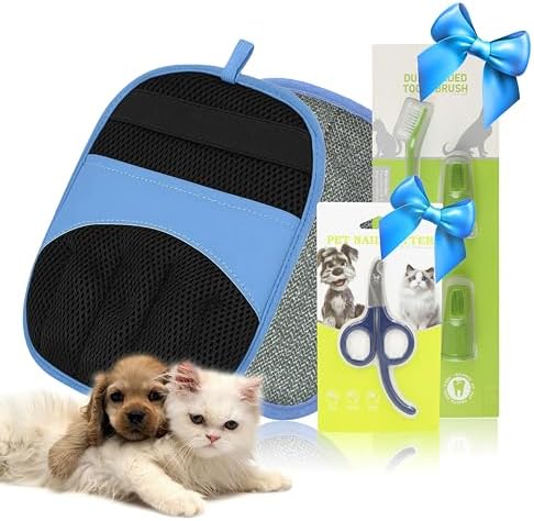 Premium 3-in-1 Pet Grooming Kit - Electrostatic Pet Hair Removal Glove with Safety Nail Scissors & Dual-Ended Toothbrush Set - Gentle Deshedding Mitt for Dogs, Cats & Furniture - All-in-One Care Pack by AstraVena