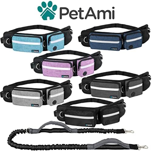 PetAmi Hands Free Dog Leash Belt Bag for Walking, Jogging - Double Zipper Pouch with Poop Bag Dispenser, Dual Padded Handles Reflective Bungee Leash, Single (Heather Grey) - Image 7