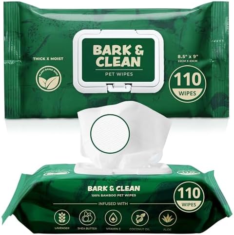 Bark & Clean Dog Wipes for Cleaning and Deodorizing - 2 Pack of 110 8.5" x 9" Bamboo Pet Wipes - Compostable, Hypoallergenic Puppy Wipes - Dog Wipes for Paws, Butt, and Body by BarkClean