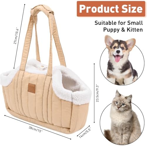 ETIAL Small Dog Carrier Purse, Winter Fleece Warm Dog Tote Bag Carrier with Secure Harness Clip for Puppy Kitten, Waterproof Pet Travel Handbag for Shopping, Hiking and Walking (Beige) - Image 2