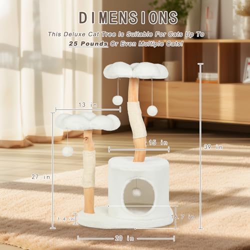 Cute Cat Tree Tower for Indoor Cats Adult, Wood Flower Cat Trees with 6 Pompoms, Modern Cat Tree Tower with Scratching Post, Aesthetic Luxury Cat Condo for Cats Kitten, Ivory - Image 7