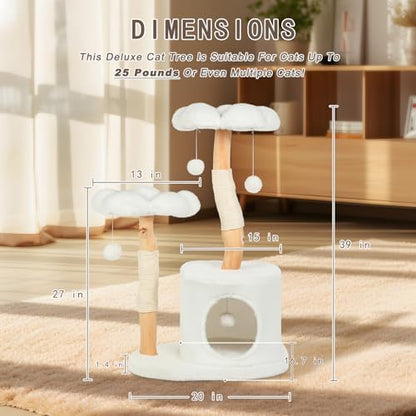 Cute Cat Tree Tower for Indoor Cats Adult, Wood Flower Cat Trees with 6 Pompoms, Modern Cat Tree Tower with Scratching Post, Aesthetic Luxury Cat Condo for Cats Kitten, Ivory - Image 7
