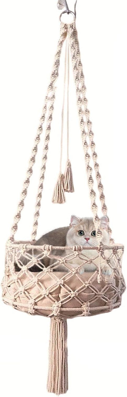 47.24in Macrame Cat Hammock - Hanging Cat Bed with Handwoven Cotton Rope, Boho Wall Mounted Swing & Perch for Play Rest, Home Decor Gift (120cm/47.24in)